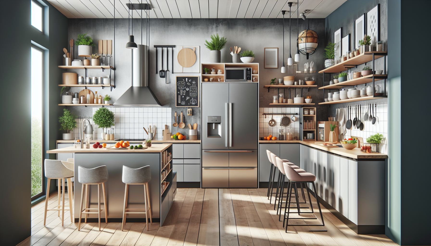 Let's explore 10 innovative kitchen design ideas aimed at refreshing your space, specifically targeting teenagers. These designs should have a minimal and modern aesthetic. 1) A kitchen with walls pai