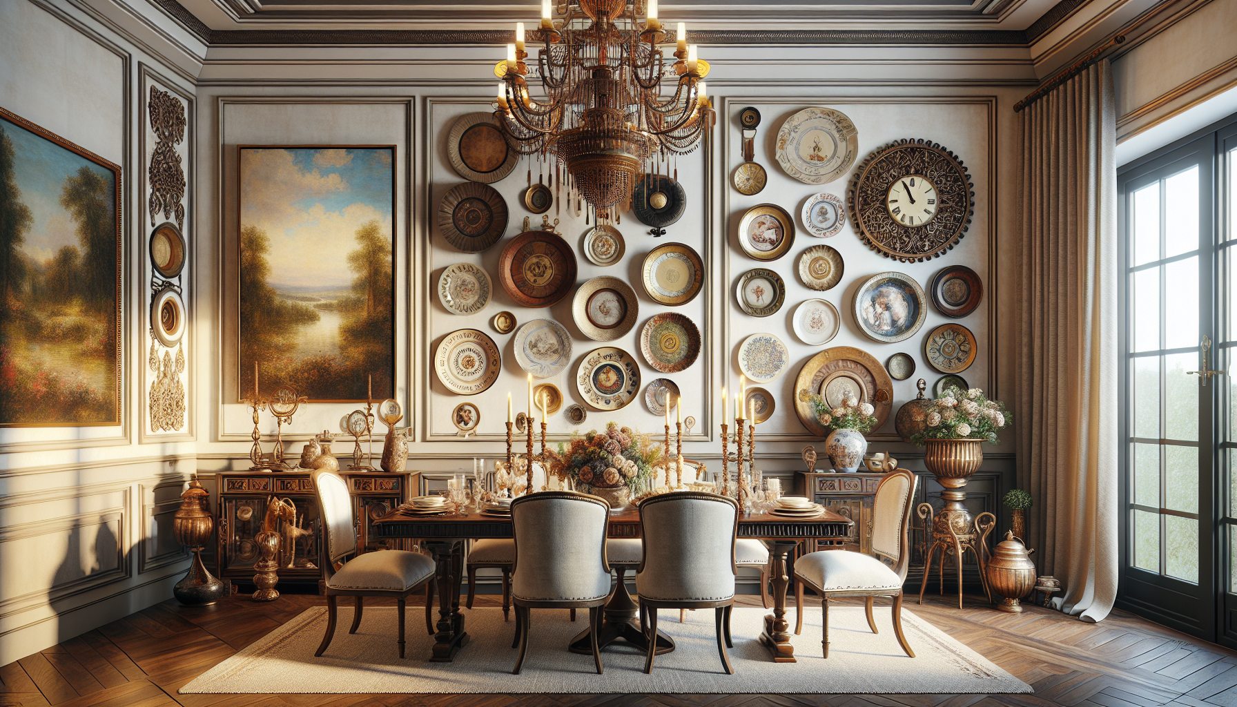 Visualize an elegant dining room. The walls are adorned with appealing decor pieces that enhance the overall ambiance. In one corner there's a large landscape painting reminiscent of Monet's style, ne