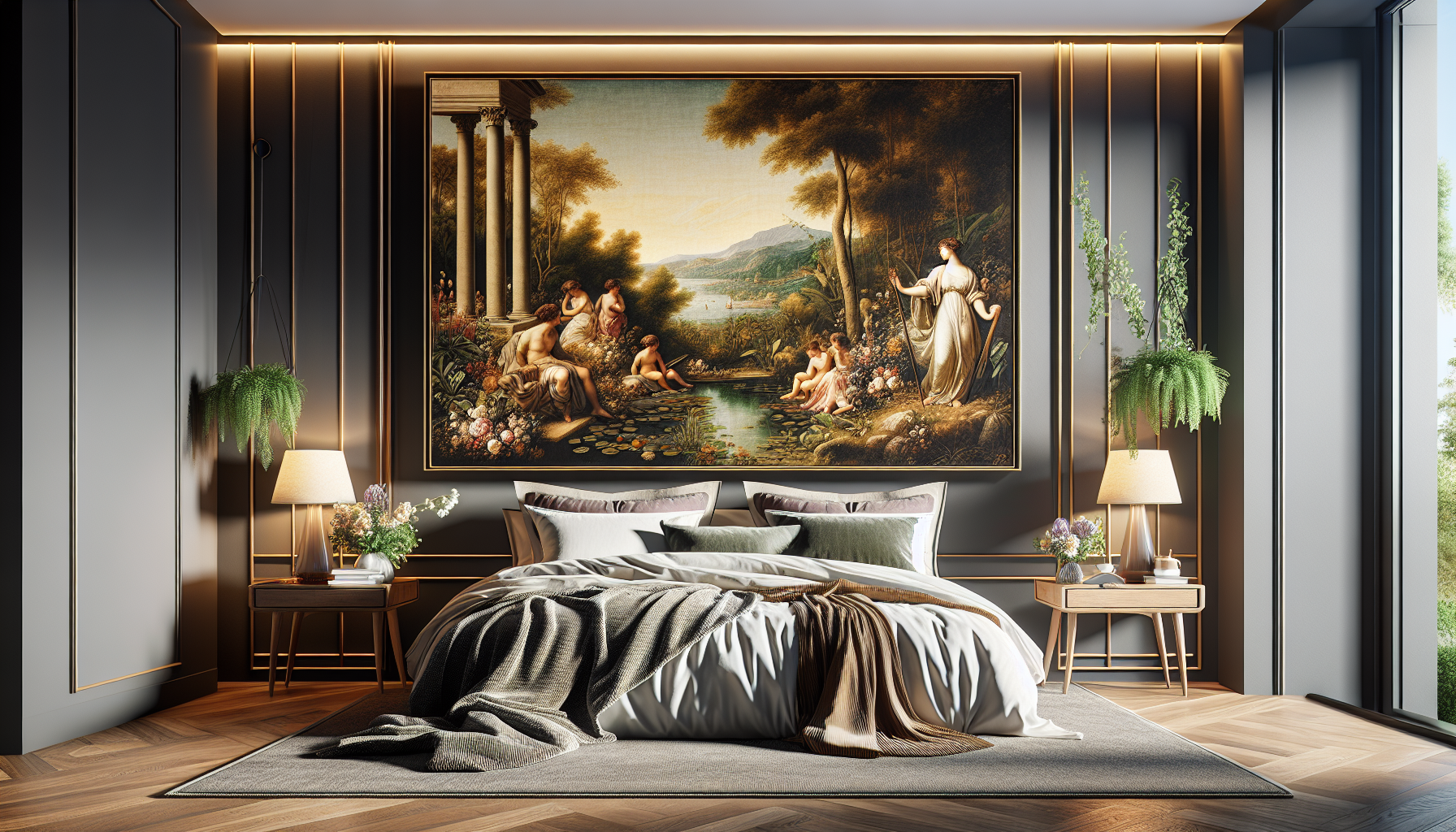 Imagine a well-appointed bedroom that has been beautified through the addition of sophisticated wall art. Picture a wall adorned with a large-scale classical art piece reminiscent of the works complet