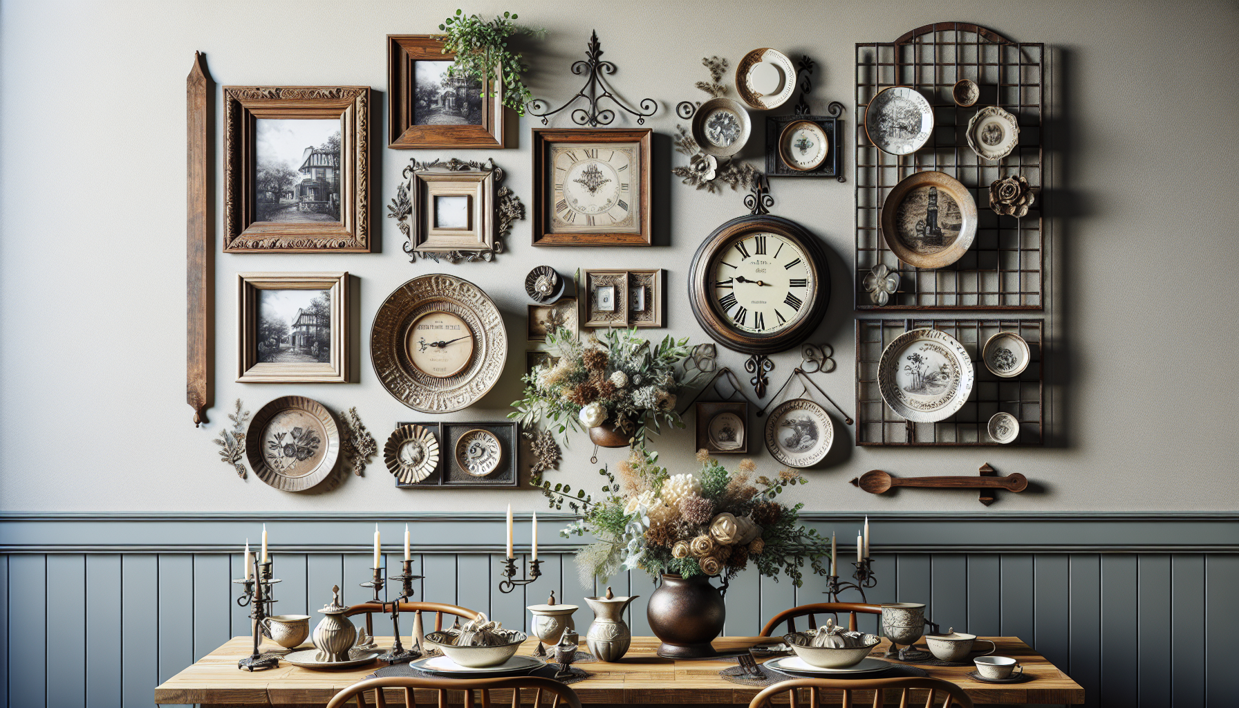 Generate image of a beautifully decorated dining room wall to enhance its aesthetics. The wall could be adorned with various elements like vintage wooden photo frames displaying black and white pictur