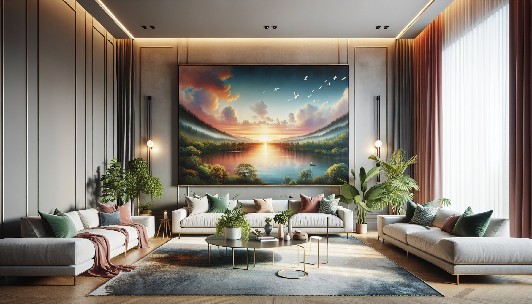 Imagine a spacious living room elegantly decorated. On the large wall, there is an art piece that makes the room come alive. The art piece is a large panoramic painting with a serene landscape reflect