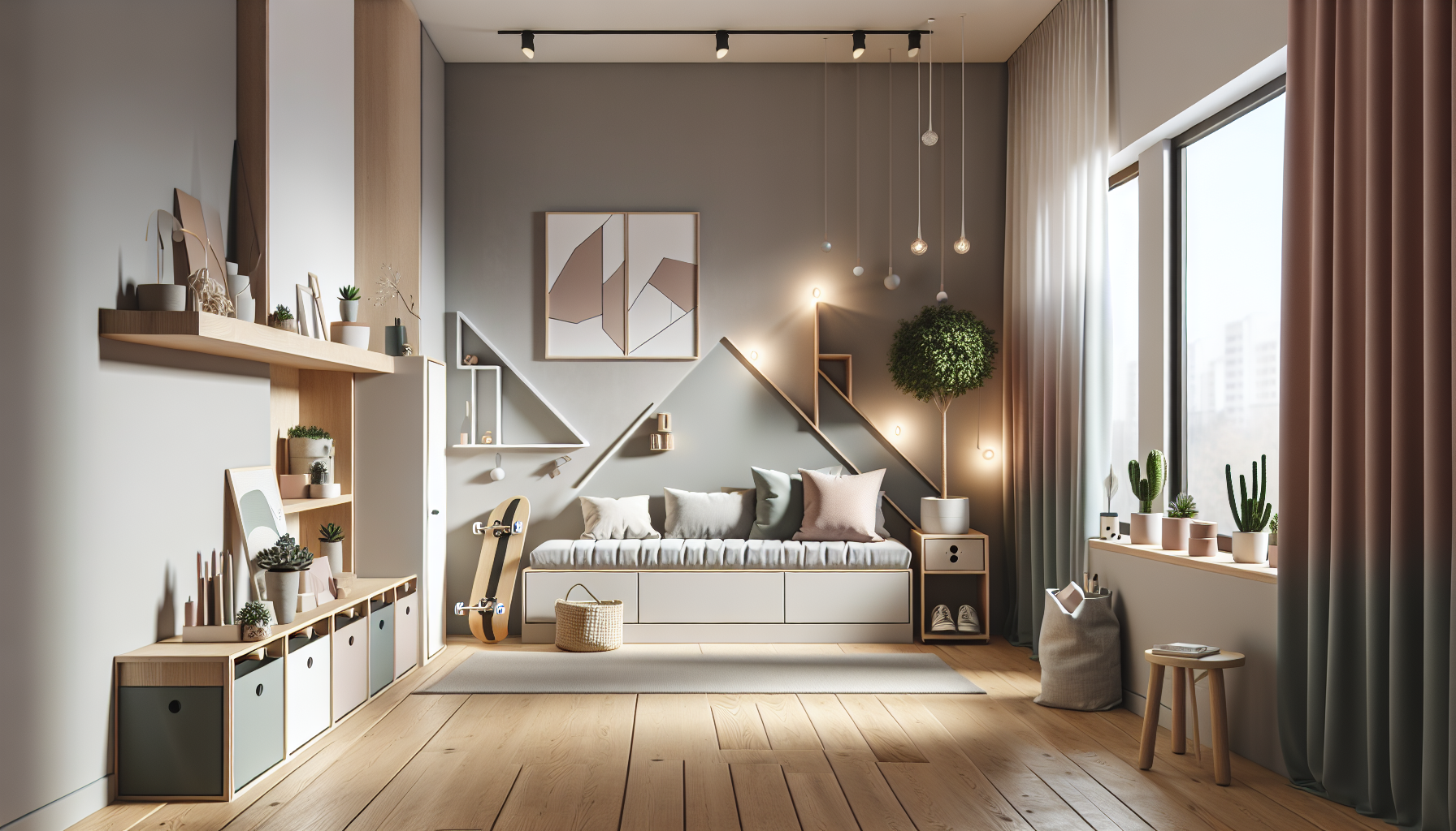 Imagine a teenager's room transformed into a space of comfort and modernity. The room features minimalist furniture with sleek lines and clean colors. The walls are adorned with abstract geometric art