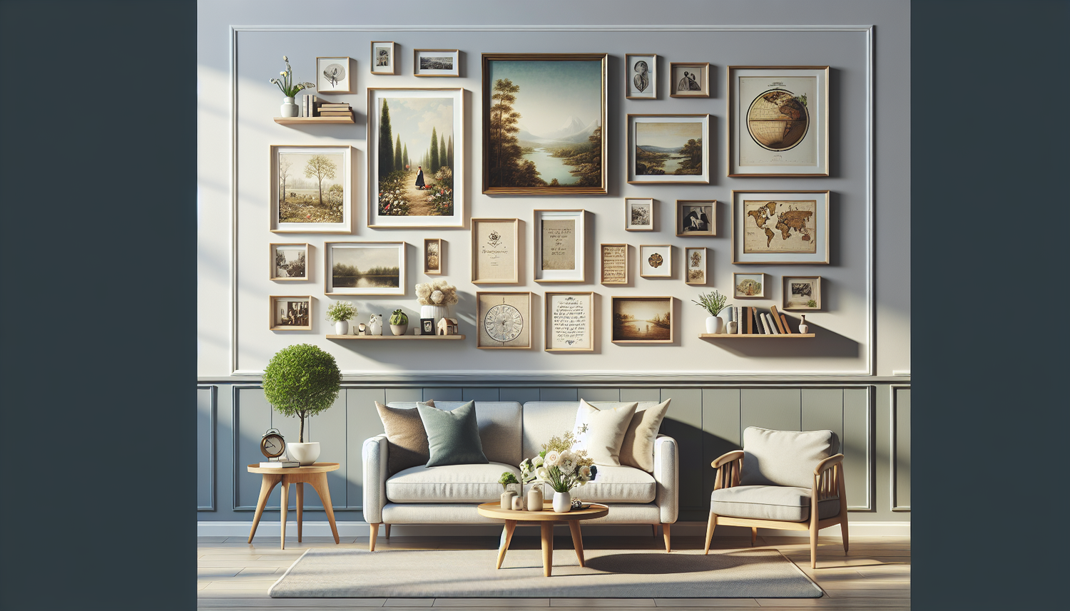 An illustration showing a variety of wall decor ideas to enhance your living space. It represents different strategies: framed family photos, miniature shelves with small plants, a world map, vintage 