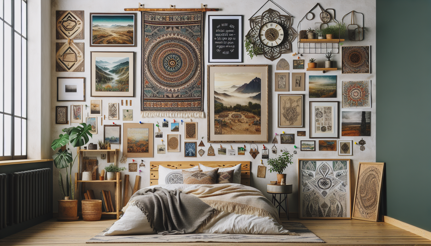 Picture a variety of creative bedroom wall decor ideas meant to refresh and bring new life into a space. First, display an intricate tapestry with tribal patterns. Second, envision a gallery wall with